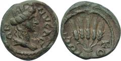 LYDIA. Nysa. Pseudo-autonomous. Time of the Antonines (138-192). Ae. Obv: ΝVСΑЄΩΝ. Turreted and draped bust of Tyche right. Rev: KOPOC. Bundle of five grain ears. RPC IV online 1489; SNG Copenhagen 31