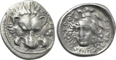 DYNASTS OF LYCIA. Zagaba (Circa 400-380 BC). Third Stater. Obv: Facing lion’s scalp. Rev: Helmeted head of Athena facing slightly left. Lycian legend around. SNG Copenhagen - (cf. Supp. 469); Vismara 