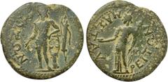 LYDIA. Mastaura. Ae (Circa 1st century). Obv: ΣΩZΩN. Apollo standing left, head right, holding plectrum and leaning upon lyre set upon column to right; bow and quiver to outer right. Rev: MAΣTAVPEITΩN