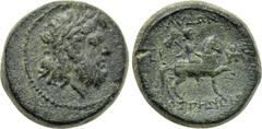 LYDIA. Mostene. Ae (2nd-1st centuries BC). Obv: Laureate head of Zeus right. Rev: LVΔΩΝ / MOΣΤΗΝΩΝ. Youth riding horse right, holding labrys; EP to left, monogram to right. BMC 1; Gitbud & Naumann 36,