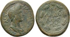 LYDIA. Philadelphia. Plotina (Augusta, 105-123). Ae. Obv: CЄBACTH ΠΛΩTЄINA. Draped bust right. Rev: ΦI / ΛAΔЄ / ΛΦЄ / ΩN. Legend in four lines within wreath. RPC III 2384; SNG Copenhagen 382; BMC 68-7