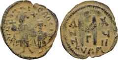 HERACLIUS with HERACLIUS CONSTANTINE (610-641). Follis. Uncertain mint in Syria, imitating 'Cyprus.' Dated RY 17 (626/7), though likely struck circa 642-646. Obv: Heraclius and Heraclius Constantine s