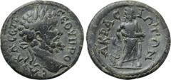 LYDIA. Acrasus. Septimius Severus (193-211). Ae. Obv: AV K Λ CЄΠ CЄOVHPOC. Laureate head right. Rev: AKPACIΩTΩN. Asklepios standing facing, head left, resting hand upon serpent-entwined staff. SNG von