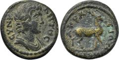 LYDIA. Acrasus. Pseudo-autonomous. Time of Septimius Severus (193-211). Ae. Obv: CVNKΛHTOC. Draped youthful bust of the Senate right. Rev: AKPACIΩTΩN. Stag advancing right. SNG von Aulock -; SNG Copen