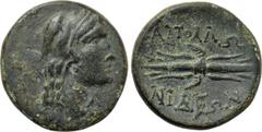 LYDIA. Apollonis. Ae (2nd-1st centuries BC). Obv: Head of Herakles right, wearing lion skin. Rev: ΑΠΟΛΛΩ / ΝΙΔΕΩΝ. Winged thunderbolt. SNG von Aulock 2899; SNG Copenhagen 17; BMC 3-4. Condition: Very 