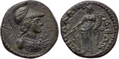 LYDIA. Apollonis. Pseudo-autonomous. Time of the Antonines (138-192). Ae. Obv: Helmeted bust of Athena right, wearing aegis and with spear over shoulder. Rev: ΑΠΟΛΛΩΝΙΔЄΩΝ. Tyche standing left, holdin