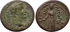 LYDIA. Apollonoshieron. Tiberius (14-37). Ae. Obv: TIBЄPIOC KAICAP. Laureate head right. Rev: AΠOΛΛωNIЄPITωN. Apollo standing facing, head left, holding patera and resting hand upon lyre. RPC I 3043; 