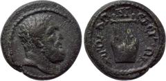 LYDIA. Apollonoshieron. Pseudo-autonomous. Possibly time of Antoninus Pius to Septimius Severus (138-211). Ae. Obv: Bare and bearded head of Herakles right. Rev: AΠOΛΛΩNIЄPЄITΩN. Lyre. RPC IV online -