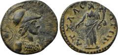 LYDIA. Attalea. Pseudo-autonomous. Possibly time of Commodus to Severus Alexander (177-235). Ae. Obv: Helmeted bust of Athena right, wearing aegis. Rev: ATTAΛЄATΩN. Tyche standing left, holding rudder