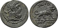 LYDIA. Bagis. Pseudo-autonomous. Time of Caracalla (198-217). Ae. Diogenes, archon. Obv: Bare bearded and draped bust of Herakles right, with club over shoulder. Rev: ЄΠI ΔIOΓЄN / BAΓHNΩN. Lion advanc