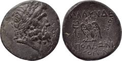 LYDIA. Blaundus. Ae (2nd-1st centuries BC). Apollonios, son of Theogenes, magistrate. Obv: Laureate head of Zeus right. Rev: MΛAYNΔEΩN / AΠOΛΛΩNI ΘEOΓEN. Eagle standing left, head right, with wings sp