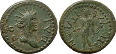 LYDIA. Briula. Pseudo-autonomous. Possibly time of Domitian (81-96). Ae. Obv: HΛIOC. Radiate and draped bust of Helios right. Rev: BPIOYΛEITΩN. Apollo standing left, holding bow and branch. RPC II 112
