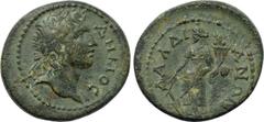 LYDIA. Daldis. Pseudo-autonomous. Time of the Severans (193-235). Ae. Obv: ΔHMOC. Laureate youthful bust of Demos right, with slight drapery. Rev: ΔΑΛΔIANΩN. Tyche standing left, holding rudder and co