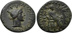LYDIA. Dioshieron. Pseudo-autonomous. Possibly time of Augustus to Tiberius (27 BC-37 AD). Ae. Obv: ΔIOCIЄPITωN. Turreted head of Tyche right. Rev: ΔIOCIЄPITωN. Zeus seated right on throne, holding pa
