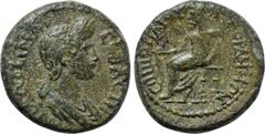 LYDIA. Gordus-Julia. Plotina (Augusta, 105-123). Ae. Poplios, magistrate. Obv: ΠΛΩΤЄΙΝΑ СЄΒΑСΤΗ. Draped bust right. Rev: ΓΟΡΔΗΝΩΝ ЄΠΙ ΠΟΠΛΙΟΥ. Zeus seated left on throne, holding patera and sceptre. R