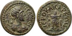 LYDIA. Hierocaesarea. Pseudo-autonomous. Time of Trajan to Antoninus Pius (98-161). Ae. Obv: ΠЄΡСΙΚΗ. Draped bust of Artemis right, with bow and quiver over shoulder. Rev: ΙЄΡΟΚΑΙСΑΡЄΩΝ. Lighted and g