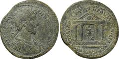 LYDIA. Hierocaesarea. Commodus (177-192). Ae.. Obv: AVT KAI M AVPH KOMMOΔOC. Laureate, draped and cuirassed bust right. Rev: ЄΠ AI APTЄMIΔOPOV APX IЄPOKAICAPЄΩN. Tetrastyle temple, with pellet in pedi