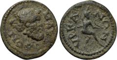 LYDIA. Hyrcanis. Pseudo-autonomous. Time of Commodus to Caracalla (177-217). Ae. Obv: MAKЄΔON. Mask of Silenos right, with ivy wreath. Rev: VPKANΩN. Satyr dancing right, raising arm and holding pedum.