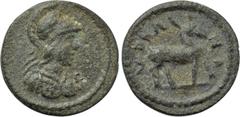 LYDIA. Hyrcanis. Pseudo-autonomous (3rd century). Ae. Obv: Helmeted bust of Athena right, wearing aegis. Rev: VPKANΩ. Stag standing right. SNG von Aulock -; SNG Copenhagen 207; BMC -; Imhoof-Blumer, K