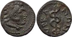 LYDIA. Hyrcanis. Pseudo-autonomous (3rd century). Ae. Obv: Head of Herakles right, wearing lion skin. Rev: VPKANΩN. Serpent-entwined staff. SNG von Aulock -; SNG Copenhagen 206; BMC 5. Ex Aufhäuser 8 