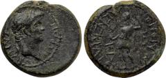 LYDIA. Maeonia. Nero (54-68). Ae. Ti. Kl. Menekrates, magistrate. Obv: ΝЄΡΩΝ ΚΑΙCΑΡ. Laureate head right. Rev: ΜΑΙΟΝΩΝ ΜЄΝЄΚΡΑΤΟVC / ЄΠ ΤΙ - ΚΛ. Mên standing left, holding pine cone and sceptre. RPC I