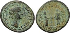 LYDIA. Magnesia ad Sipylum. Tiberius (14-37). Ae. Obv: TIBЄPION CЄBACTON KTICTHN. Laureate head right. Rev: MAΓNHTΩN AΠO CIΠVΛOV. Tiberius and Tyche standing facing one another, clasping hands. RPC I 