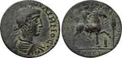 LYDIA. Mostene. Gallienus (253-268). Ae. Aur. Zeuxis Plutiades, strategos. Obv: ΛIKIN ΓAΛΛIHNOC. Laureate, draped and cuirassed bust right. Rev: ЄΠ CTP AVP ZЄVΞIΔOC ΠΛOVTIAΔOV / MOCTH. Hero (Apollo-Mê