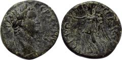 LYDIA. Nacrasa. Domitian (81-96). Ae. Obv: ΔOMITIANOC KAI CЄ ΓЄPMANIKOC. Laureate head right. Rev: NAKPACЄITΩN. Nike standing left, holding wreath and palm frond. RPC II 932; SNG von Aulock -; SNG Cop