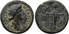 LYDIA. Nacrasa. Pseudo-autonomous. Time of Trajan (98-117). Ae. Obv: ΘЄON CVNKΛHTON. Draped youthful bust of the Senate right. Rev: NAKPACITΩN. Facing statue of Artemis Ephesia, with supports; stag to