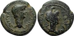 LYDIA. Nysa. Nero (54-68). Ae. Obv: NЄPΩN KAICAP. Laureate head of Nero right. Rev: NVCAЄΩN. Draped bust of Mên right, wearing Phrygian cap and set upon crescent. RPC I 2669; SNG von Aulock -; SNG Cop