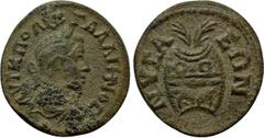 LYDIA. Nysa. Gallienus (253-268). Ae. Obv: AVT K ΠO ΛIK ΓAΛΛIHNOC. Laureate, draped and cuirassed bust right. Rev: NVCAEΩN. Prize crown, containing two palm fronds. SNG von Aulock -; SNG Copenhagen -;