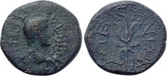 LYDIA. Philadelphia (as Neocaesarea). Tiberius Gemellus? (Caesar, 35-37). Ae. Obv: TIBEPION [...]. Bare head right. Rev: NEOKECAPEIC. Thunderbolt. RPC I 3017 (under Tiberius); SNG von Aulock -; SNG Co
