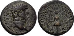LYDIA. Philadelphia. Titus (Caesar, 69-79). Ae. Herodes and Polemaios, epimelethentes. Obv: TITOC KAICAP. Laureate head right. Rev: ΦΛABI ΦΙΛΑΔΕΛΦEΩN. Facing female statue, with supports; lion to left