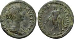 LYDIA. Saitta. Faustina II (Augusta, 147-175). Ae. Titianos, first archon. Obv: ΦAVCTЄINA CЄBAC. Draped bust right. Rev: ЄΠI TITIANOV CAITTHNΩN. Apollo standing left, with legs crossed, holding branch