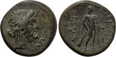 LYDIA. Saitta. Pseudo-autonomous. Possibly time of Commodus to Septimius Severus (177-211). Ae. Obv: Head of Asklepios right; serpent-entwined staff to right. Rev: CAITTHNΩN. Herakles standing right, 