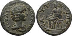 LYDIA. Saitta. Julia Domna (Augusta, 193-217). Ae. Obv: IOVΛIA CЄBAC. Draped bust right. Rev: CAITTHNΩN. Kybele seated left on throne, holding patera and resting elbow upon tympanum; lion to left. SNG