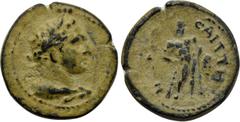 LYDIA. Saitta. Pseudo-autonomous (2nd-3rd centuries). Ae. Obv: Laureate and draped bust of Herakles right. Rev: СΑΙΤΤΗΝΩΝ. Herakles standing right, head left, holding lion skin and resting hand upon c