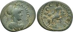 LYDIA. Sala. Pseudo-autonomous. Time of Trajan (98-117). Ae. Alexandros, hiereus. Obv: СΑΛΗΝΩΝ. Helmeted bust of Athena right, wearing aegis. Rev: ЄΠΙ AΛЄΞ IЄPЄΩC. Kybele seated left on throne, holdin