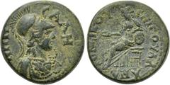 LYDIA. Sala. Pseudo-autonomous. Time of Hadrian (117-138). Ae. C. Val. Androneikos, magistrate. Obv: СΑΛΗΝΩΝ. Helmeted bust of Athena right, wearing aegis. Rev: ЄΠΙ Γ ΟVΑΛ ΑΝΔΡΟΝЄΙΚΟV. Kybele seated l