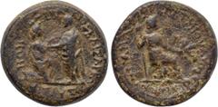 LYDIA. Sardes. Tiberius with Livia (14-37). Ae. Ioulios Kleon and Memnon, magistrates. Obv: ΣΕΒΑΣΤΟΣ ΚΑΙΣΑΡΕΩΝ ΣΑΡΔΙΑΝΩΝ. Tiberius standing left, raising up Tyche kneeling right. Rev: ΣΕΒΑΣΤΗ ΙΟΥΛΙΟΣ 
