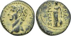 LYDIA. Sardes. Germanicus (Died 19). Ae. Mnaseas, magistrate. Obv: ΓΕΡΜΑΝΙΚΟΣ ΚΑΙΣΑΡ. Bare head left. Rev: ΣΑΡΔΙΑΝΩΝ / MNAΣEAΣ. Athena standing left, holding patera and resting hand upon shield; spear