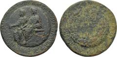 LYDIA. Sardes. Germanicus and Drusus (Died 19 and 23, respectively). Ae. Restruck by Asinios Pollio, proconsul. Obv: ΔΡΟΥΣΟΣ ΚΑΙ ΓΕΡΜΑΝΙΚΟΣ ΚΑΙΣΑΡΕΣ ΝΕΟΙ ΘΕΟΙ ΦΙΛΑΔΕΛΦΟΙ. Germanicus and Drusus seated 