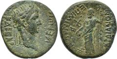 LYDIA. Sardes. Nero (54-68). Ae. Mindios, strategos for the second time. Obv: ИΕΡωΝ ΚΑΙΣΑΡ. Laureate head right. Rev: ΕΠΙ ΜΙΝΔΙΟΥ ΣΑΡΔΙΑΝΩΝ / TO B. Dionysos standing left, holding thyrsus and pouring 