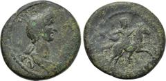 LYDIA. Sardes. Plotina (Augusta, 105-123). Ae. Obv: ΠΛΩΤЄΙΝΑ СЄΒΑСΤΗ. Draped bust right. Rev: CAPΔIANΩN. Pelops riding horse right, holding whip. RPC III 2397; SNG von Aulock -; SNG Copenhagen -; BMC 