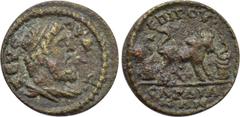 LYDIA. Sardes. Pseudo-autonomous (Early-mid 3rd century). Ae. Roufos, magistrate. Obv: SЄVC ΛVΔIOC. Draped bust of Zeus Lydios right, wearing taenia. Rev: ЄΠI POV / CAPΔIANΩN. Bull standing right; alt