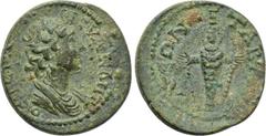 LYDIA. Tabala. Pseudo-autonomous. Possibly time of Antoninus Pius (138-161). Ae. Obv: IЄPA CVNKΛHTOC. Draped youthful bust of the Senate right. Rev: TABAΛЄΩN. Facing statue of Artemis Ephesia, with su
