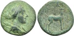 LYDIA. Thyateira. Ae (2nd century BC). Obv: Diademed and draped bust of Artemis right, with bow and quiver over shoulder. Rev: ΘΥΑΤΕΙΡΗΝΩΝ. Stag standing right. SNG von Aulock -; SNG Copenhagen -; BMC