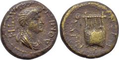 LYDIA. Thyateira. Domitia (Augusta, 82-96). Ae. Obv: ΔOMITIA CЄBACTH. Draped bust right. Rev: ΘYΑΤЄIPHNΩN. Lyre. RPC II 944; SNG von Aulock -; SNG Copenhagen -; BMC -; SNG München 619. Rare. Condition