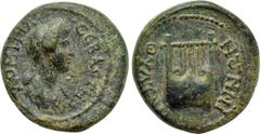 LYDIA. Thyateira. Domitia (Augusta, 82-96). Ae. Obv: ΔOMITIA CЄBACTH. Draped bust right. Rev: ΘYΑΤЄIPHNΩN. Lyre. RPC II 944.7 (this coin cited); SNG von Aulock -; SNG Copenhagen -; BMC -; SNG München 
