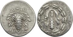 LYDIA. Tralles. Didrachm (Circa 166-67 BC). Deme-, magistrate. Obv: Lion skin draped over club; all within wreath. Rev: ΔΗΜΗ / ΤΡΑΛ. Grape bunch; to right, eagle standing right on thunderbolt. SNG von